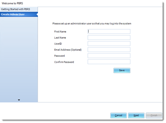 Welcome to PBRS: Create Admin User