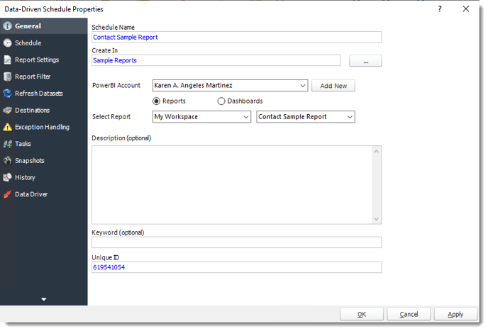 Power BI and SSRS. General Wizard in Data Driven Schedule Properties in PBRS