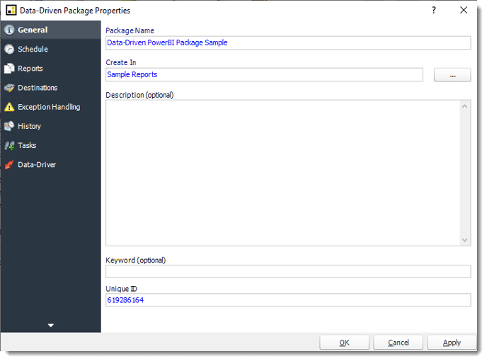 Power BI and SSRS. General Wizard in Data Driven Package Properties in PBRS.