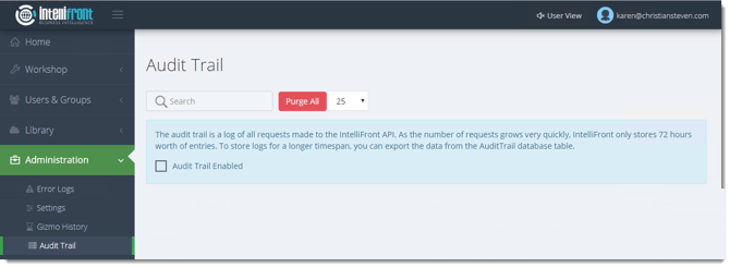 Dashboards and KPIs: Audit Trail in IntelliFront BI.