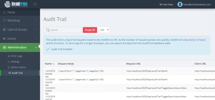 Dashboards and KPIs: Audit Trail in IntelliFront BI. 
