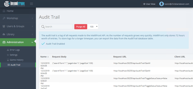 Dashboards and KPIs: Audit Trail in IntelliFront BI.