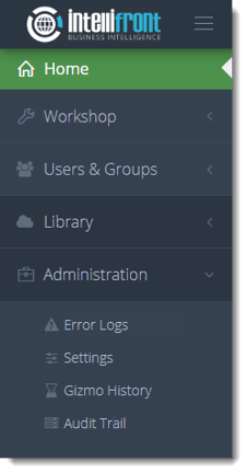 Dashboards and KPIs: Administration section in IntelliFront BI.