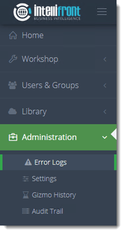 KPI's and Dashboards: Error Log in IntelliFront BI.