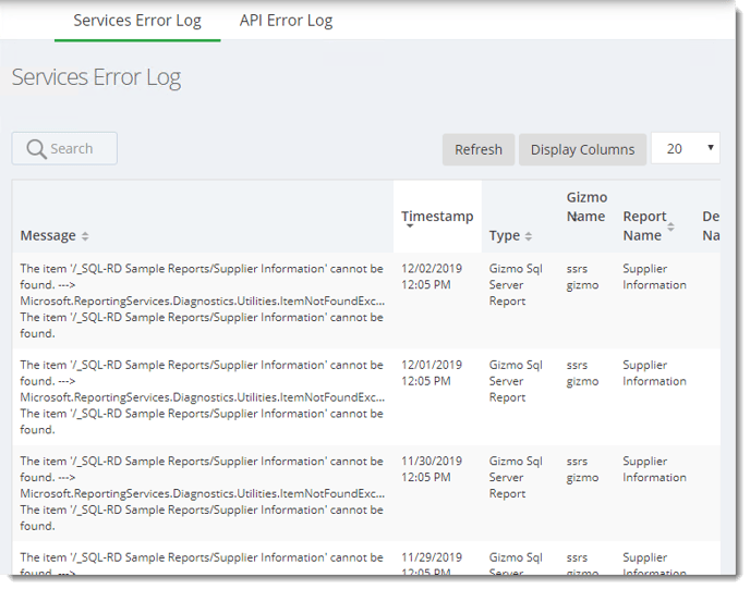 KPI's and Dashboards: Error Log in IntelliFront BI.