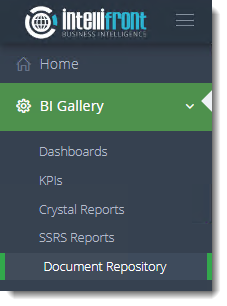 KPIs and Dashboards: Document Repository in User View in IntelliFront BI.