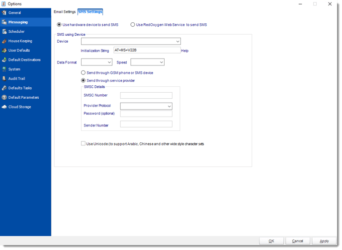 Crystal Reports: SMS Settings section in Options in CRD.