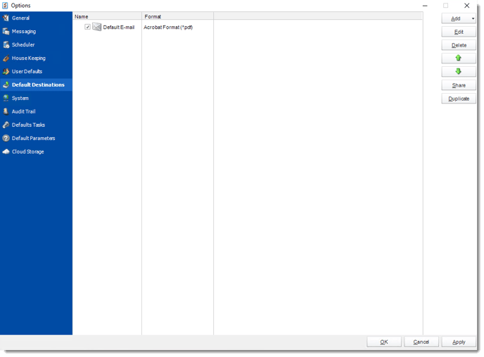 Crystal Reports: Default Destination in Options in CRD.