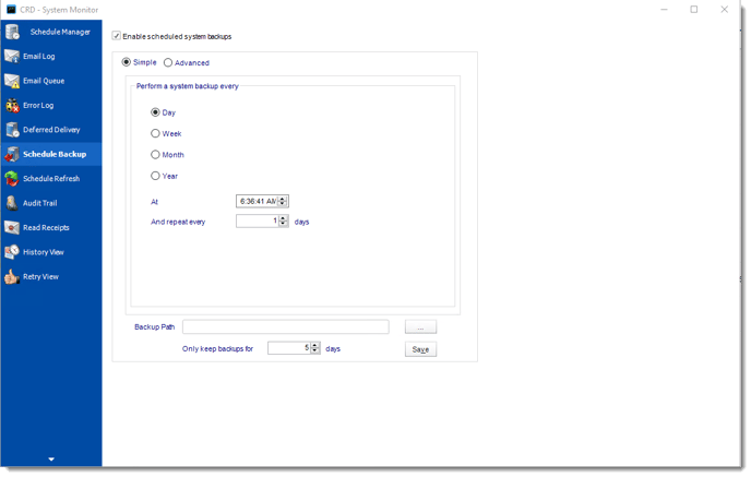 Crystal Reports: Schedule Backup in System Monitor in CRD.