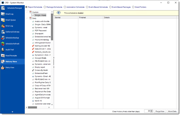 Crystal Reports: History View in System Monitor in CRD.