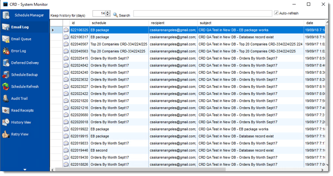 Crystal Reports: Email Log in System Monitor in CRD.