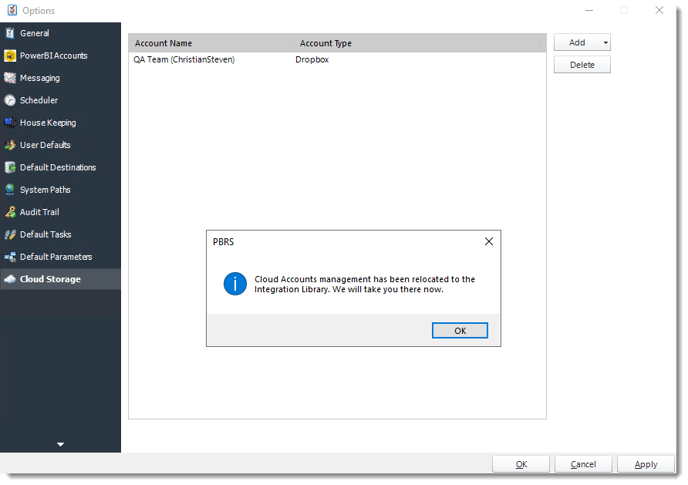 Power BI and SSRS. Cloud Storage section in Options in PBRS