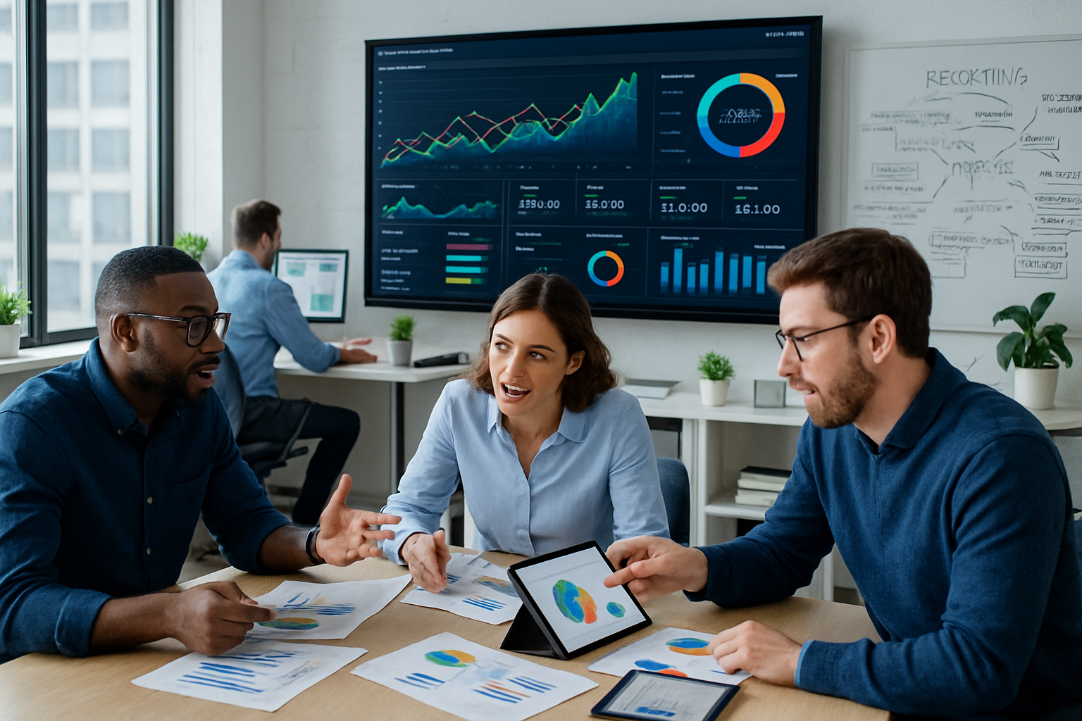 photographic The image depicts a sleek modern office environment filled with professionals engaged in data analysis using advanced software on their c