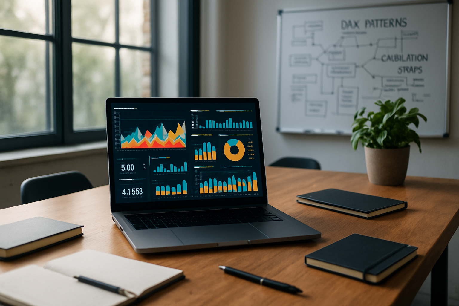 photographic The image displays a sleek modern workspace illuminated by soft natural light streaming through large windows At the center a polished wo