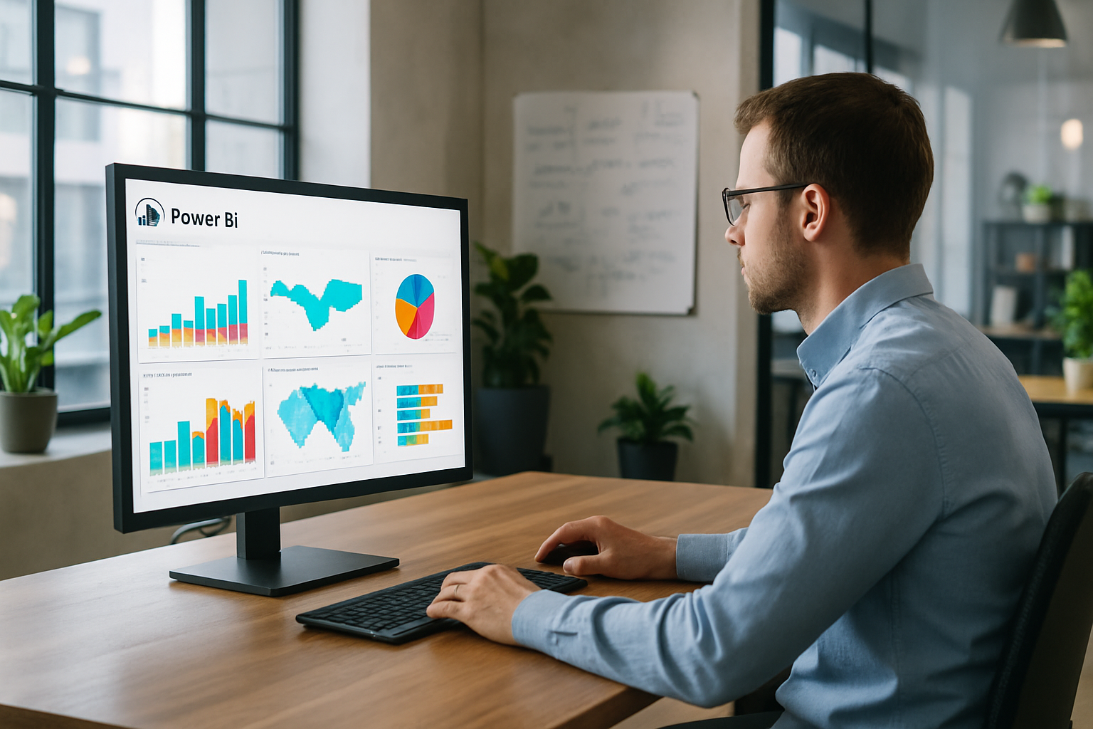 photographic The image showcases a modern office environment with a sleek minimalist design A large monitor displays a vibrant Power BI dashboard fill