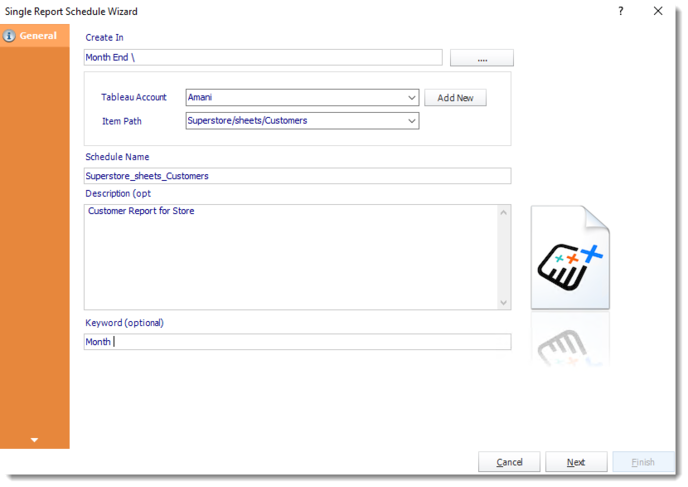 ATRS Single Report Schedule Wizard showing Tableau Account, Item Path, Schedule Name and Description fields.
