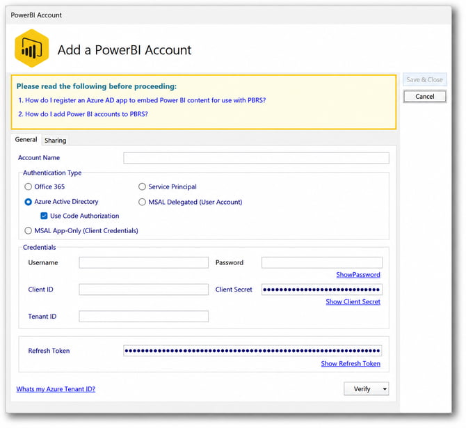 Add a PowerBI AccountPBRS Power BI Account settings showing Azure Active Directory authentication with Code Authorization