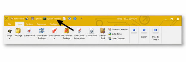 PBRS main menu with a black arrow pointing to the System Monitor option.