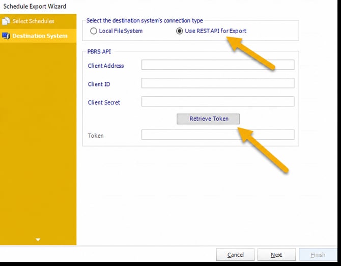 PBRS Schedule Export Wizard Destination System screen showing REST API export and PBRS API authentication settings.