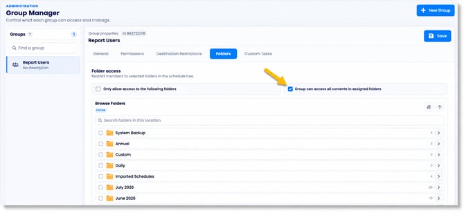 PBRS Web Application Group Manager Folders tab showing folder access restrictions, the option to allow access to all contents in assigned folders, and the folder selection list.
