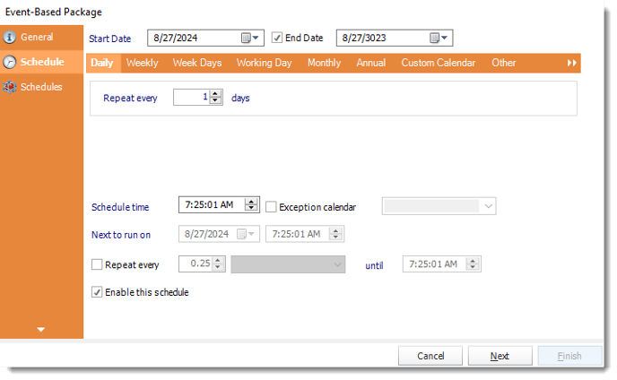 event based package schedule wizard