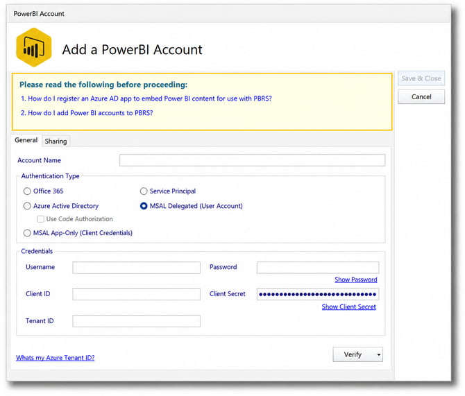 PBRS Add a PowerBI Account screen showing MSAL Delegated User Account authentication and credential settings