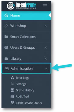 IntelliFront BI navigation menu showing the Administration section and its available management options.