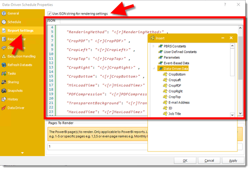 JSON Rendering settings