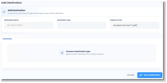KB_Add_DestinationPBRS Web Application Add Destination window showing the Destination Name, Destination Type, Output Format, and destination configuration area.