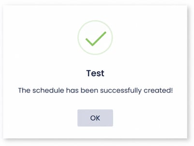 PBRS Web Application confirmation message stating that the schedule has been successfully created.