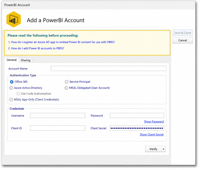 PBRS Add a PowerBI Account screen showing Office 365 authentication and credential settings