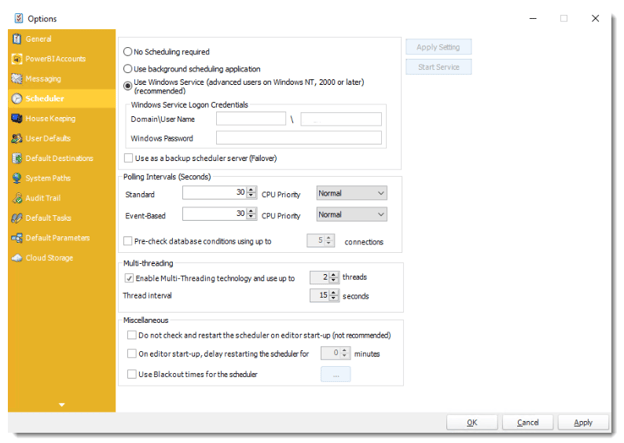 PBRS Options Scheduler screen showing scheduling mode, Windows Service, polling intervals, multithreading, and scheduler settings