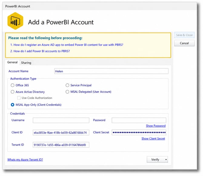 PBRS Add a PowerBI Account screen showing MSAL App-Only Client Credentials authentication settings