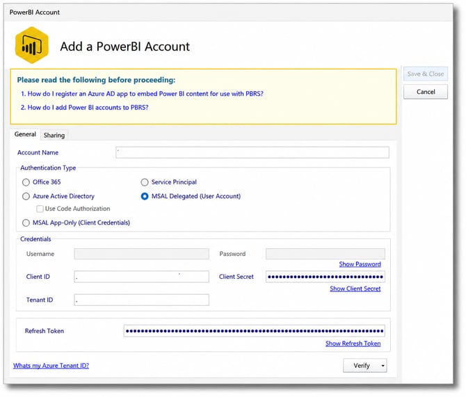 PBRS Add a PowerBI Account screen showing MSAL Delegated User Account authentication, credentials, Tenant ID, and Refresh Token