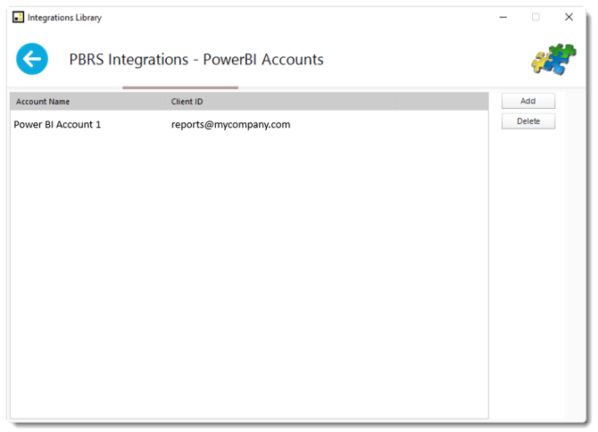 PBRS Integrations PowerBI Accounts screen showing configured accounts and Add and Delete options