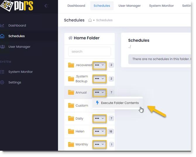 PBRS Web Application Schedules page showing the folder options menu and Execute Folder Contents command.