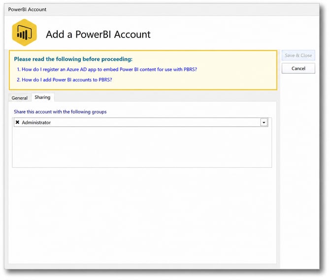 PBRS Power BI Account Sharing tab showing the groups that can access the account