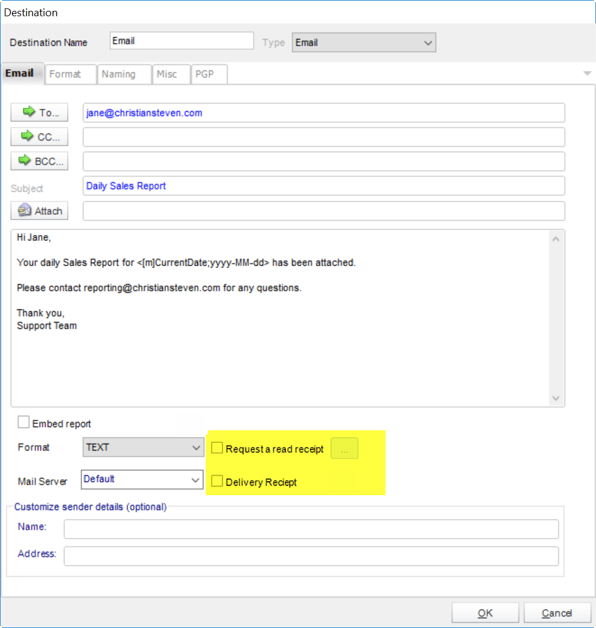 How to request read & delivery receipts when emailing Microsoft SSRS Reports