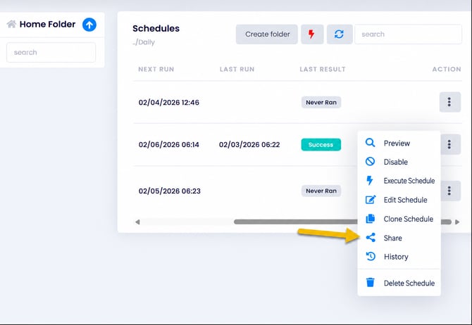 PBRS Web Application Share Schedule window showing the selected schedule, user selection dropdown, sharing list, and Confirm button.