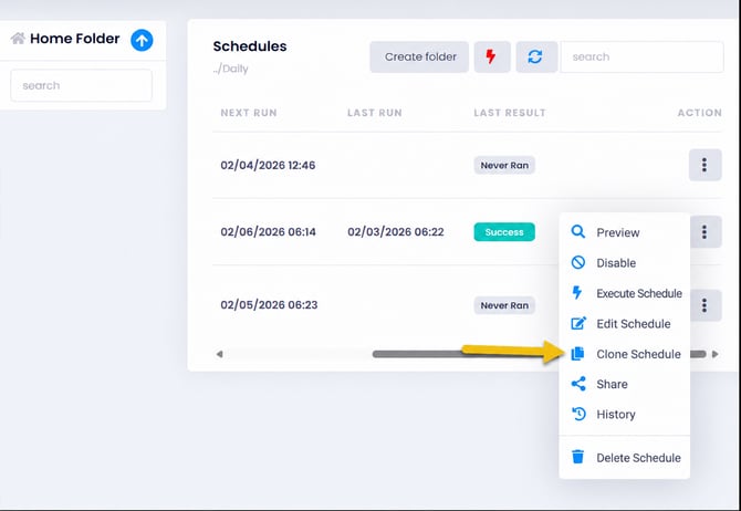 Schedules Dashboard with Clone Menu