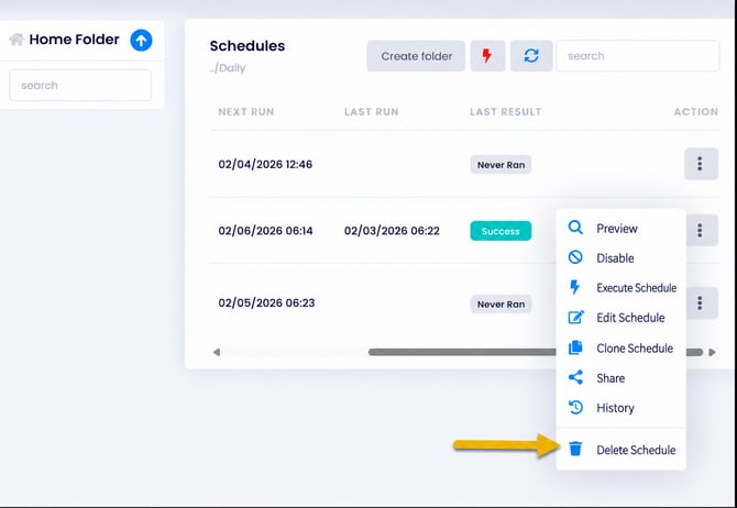 Schedules Dashboard with Delete Menu