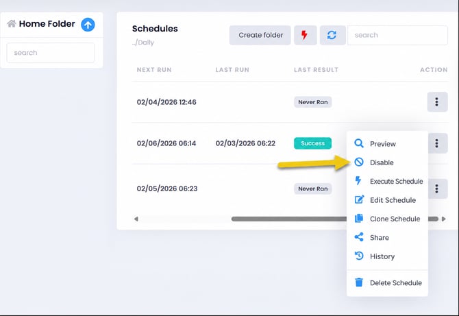 PBRS Web Application Schedules screen showing the Schedule Context Menu with the Disable option highlighted.