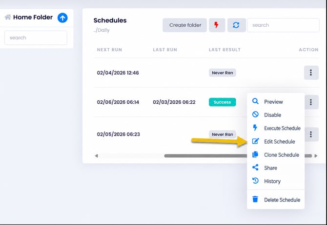 PBRS Web Application Schedules screen showing the Schedule Context Menu with Edit Schedule highlighted.