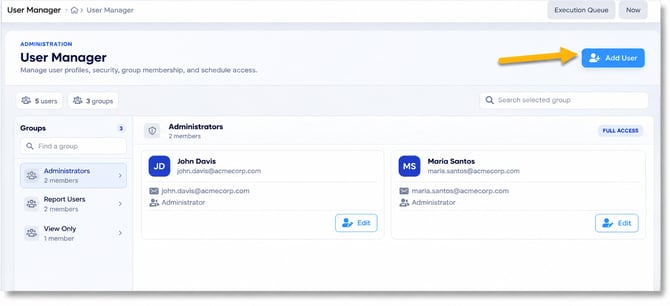 PBRS Web Application User Manager showing existing user groups, administrator accounts, and the Add User button used to create a new user.
