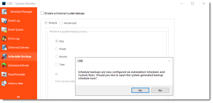 Crystal Reports: Schedule Backup in System Monitor in CRD.