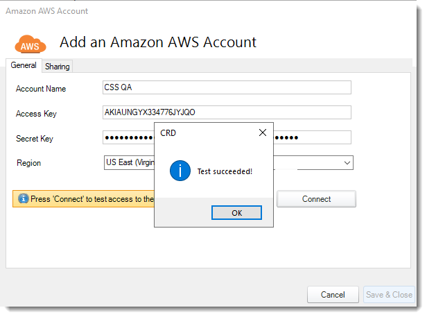 Crystal Reports: Adding Amazon AWS account in CRD.