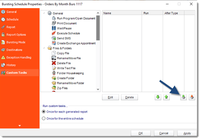 Crystal Repoerts: Custom Tasks Wizard in Single Report Schedule Properties in CRD.