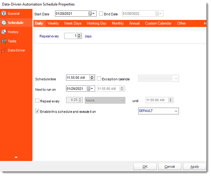 Schedule wizard - Data-Driven Automation Properties CRD