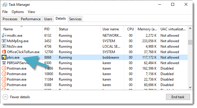 Ending pbrs.exe in Task Manager