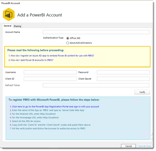 Power BI. Adding a Power BI Account in PBRS